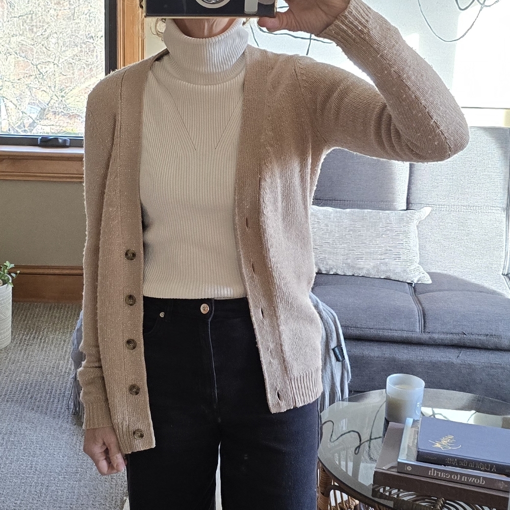 Ann Taylor Light Camel & Gold Metallic Wool Cardigan Sweater | S